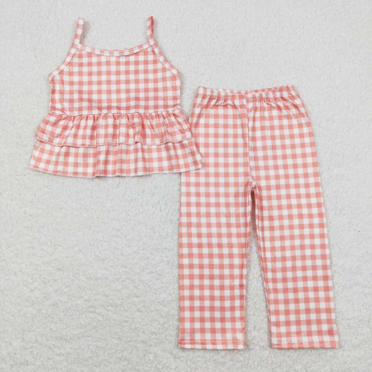 GSPO1377 Orange Plaid Print Girls Summer Clothes Set