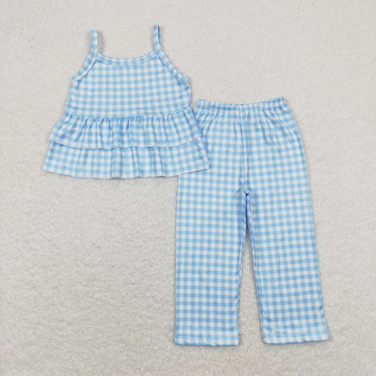 GSPO1378 Blue Plaid Ruffle Top Pants Girls Clothes Set