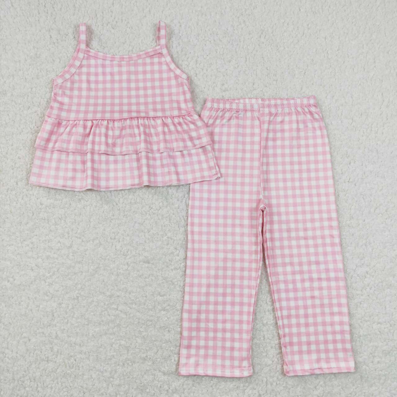 GSPO1380 Pink Plaid Print Ruffles Top Pants Girls Clothes Set