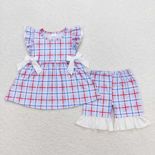 GSSO0707  Plaid Tunic Top Ruffle Shorts Girls Summer Clothes Set