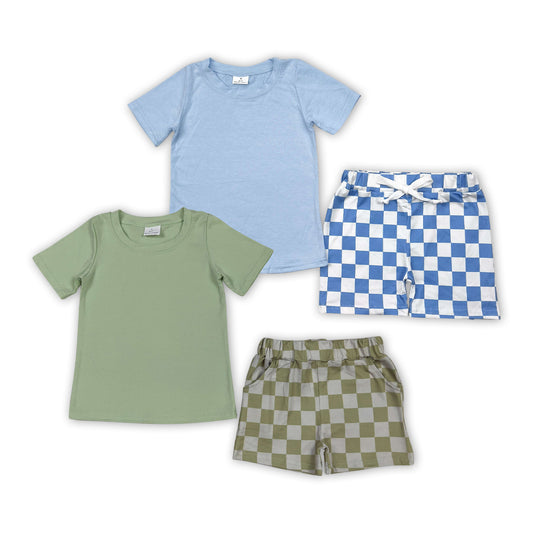 Green & Blue Top Plaid Shorts Boys Summer Clothes Set Brothers Wear