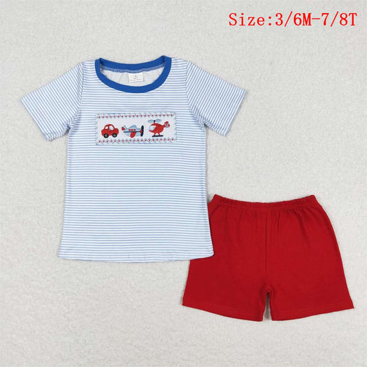 BSSO0649 Car Plane Embroidery Top Red Shorts Boys Summer Clothes Set