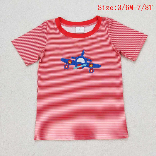 BT0594  Plane Embroidery Red Stripes Boys Tee Shirts Top