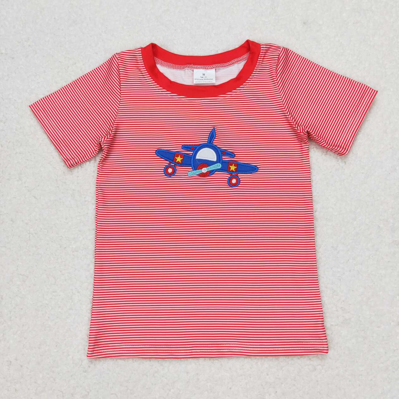 BT0594  Plane Embroidery Red Stripes Boys Tee Shirts Top