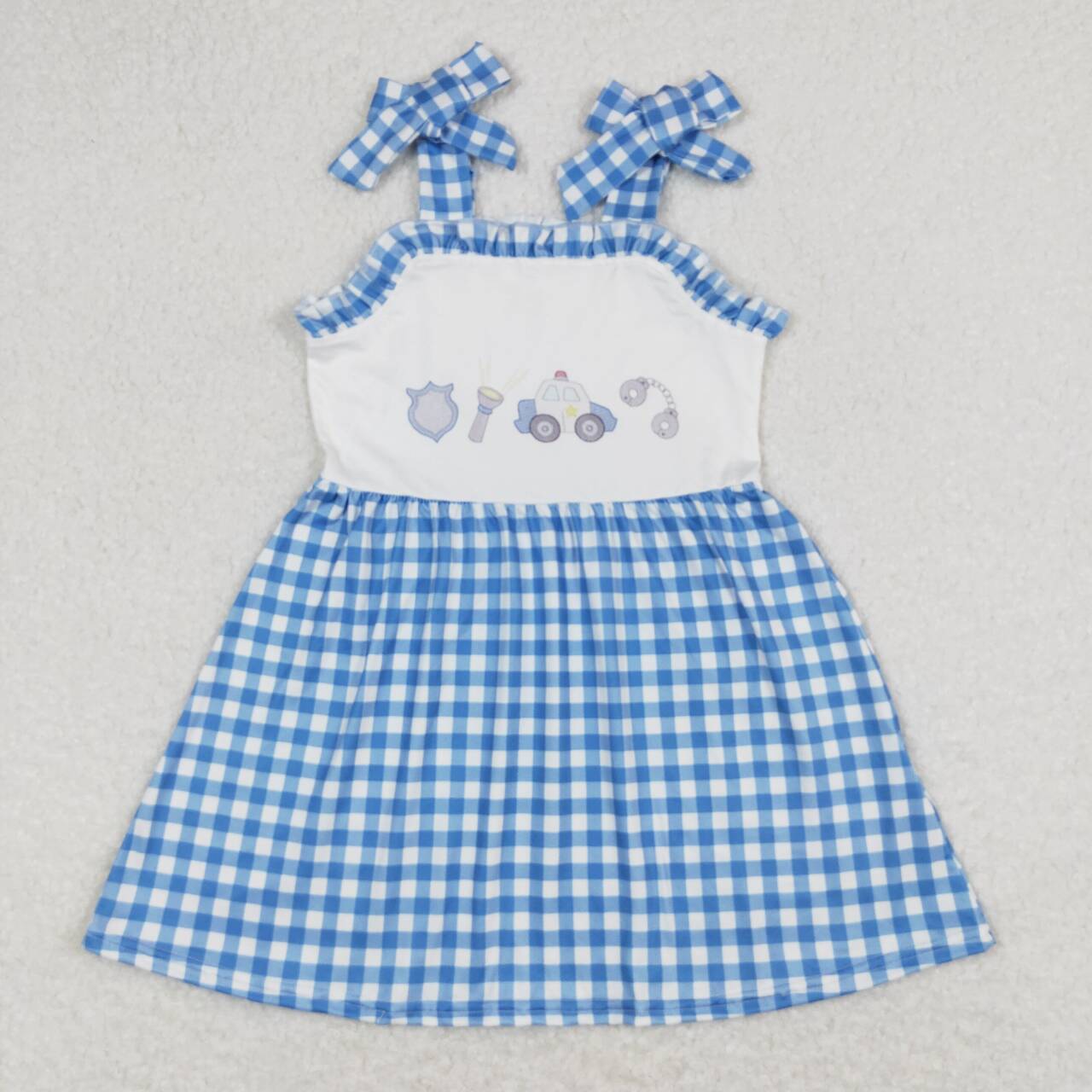 GSD0905 Blue Plaid Police Print Girls Knee Length Summer Strap Dress