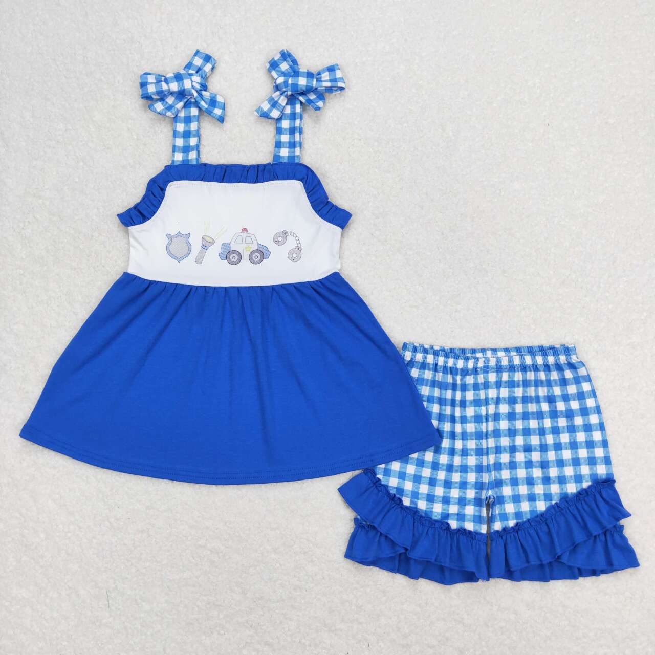 GSSO0717  Blue Police Tunic Top Plaid Shorts Girls Summer Clothes Set