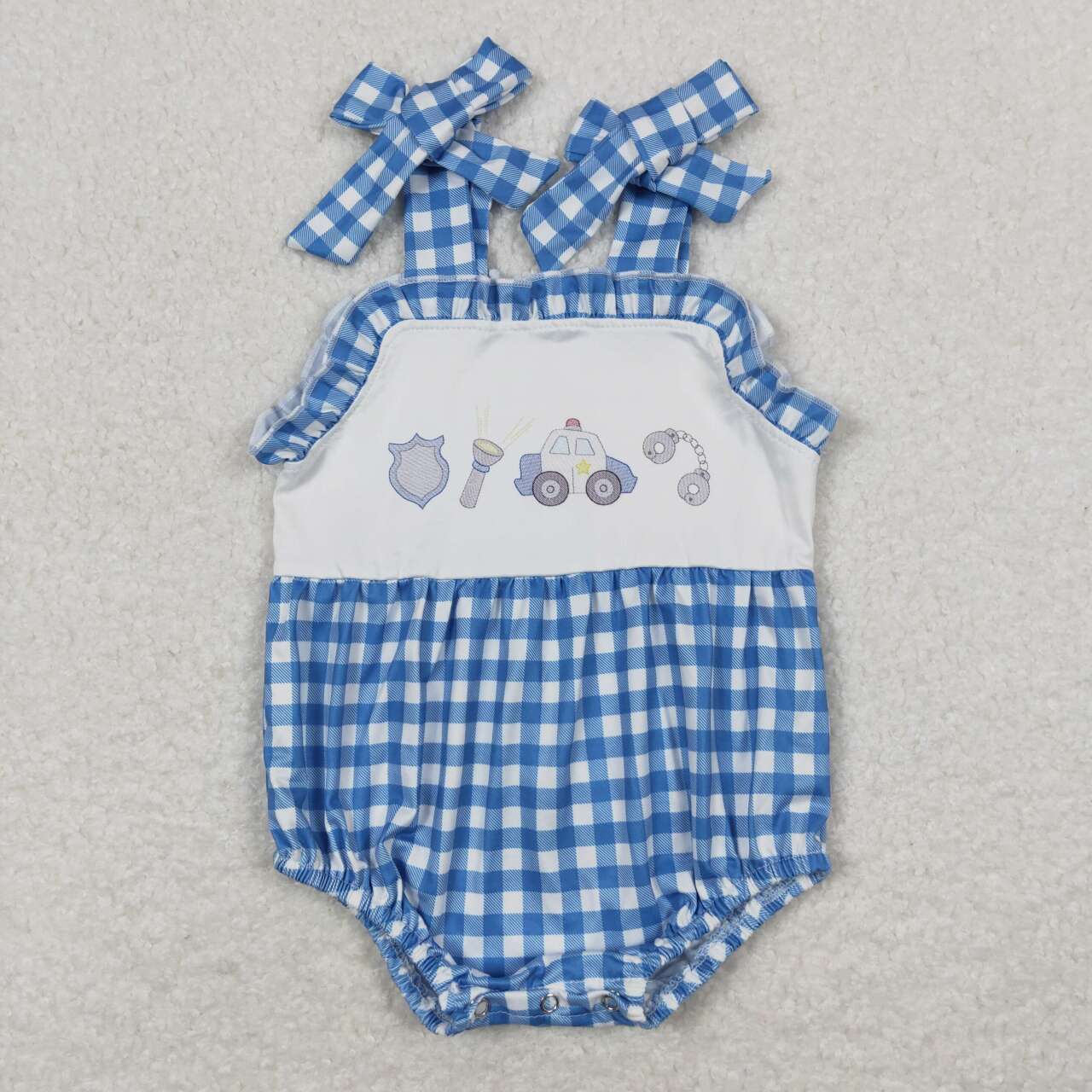 SR1171 Blue Police Plaid Print Baby Girls Summer Strap Romper