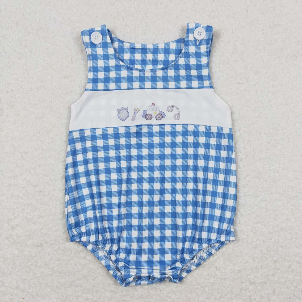 SR1172 Blue Police Plaid Print Baby Boys Summer Romper