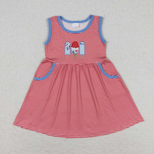 GSD0821 Popsicle Embroidery Red Stripes Print Girls 4th of July Knee Length Dress