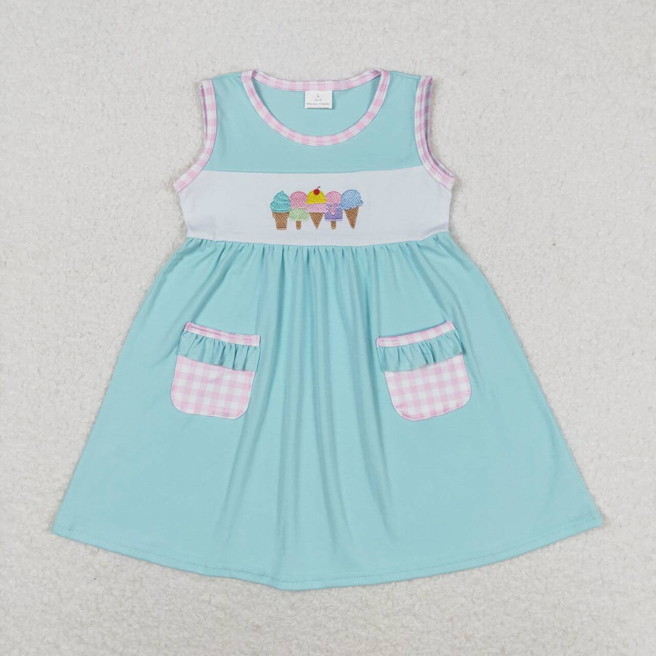 GSD0956 Popsicle Embroidery Blue Print Pockets Girls Knee Length Summer Dress