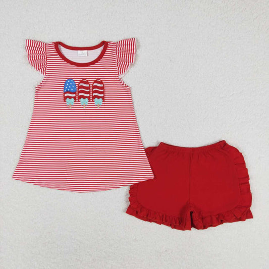 GSSO0759  Popsicle Flags Embroidery Red Stripes Red Shorts Girls 4th of July Clothes Set
