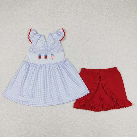 GSSO0798  Popsicle Embroidery Top Red Shorts Girls 4th of July Clothes Set