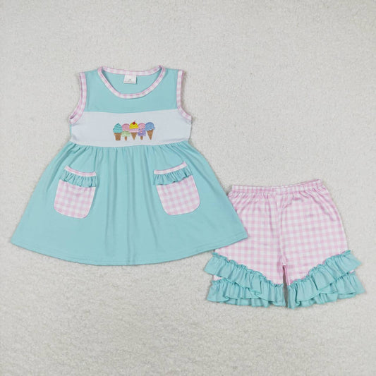 GSSO0826 Popsicle Embroidery Blue Tunic Pockets Top Ruffle Shorts Girls Summer Clothes Set