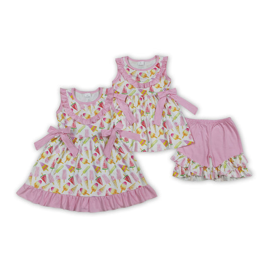 Popsicle Pink Print Girls Summer Clothes Sisters Wear