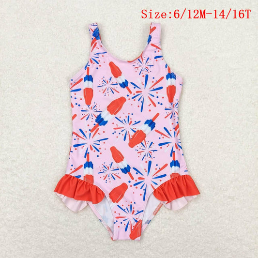 S0333 Fireworks Popsicle Pink Print Girls 1 Piece 4th of July Swimsuits