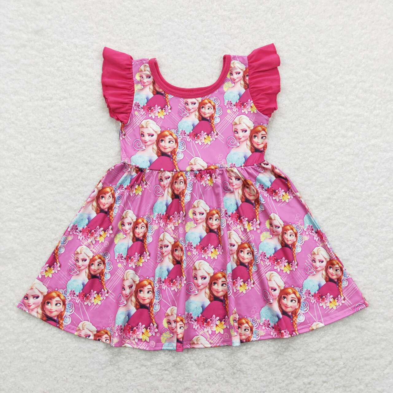 GSD0763 Cartoon Princess Pink Flowers Print Girls Summer Knee Length Dress