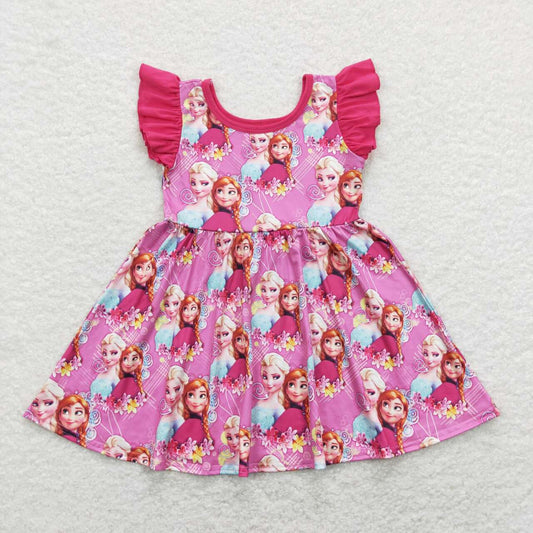 GSD0763 Cartoon Princess Pink Flowers Print Girls Summer Knee Length Dress