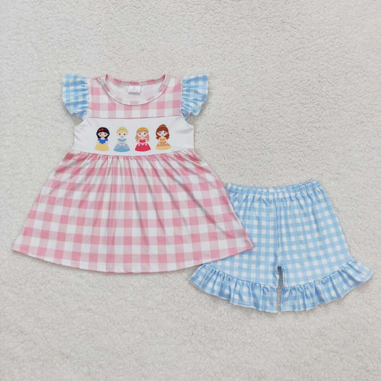 GSSO0692 Cartoon Princess Tunic Top Plaid Shorts Girls Summer Clothes Set