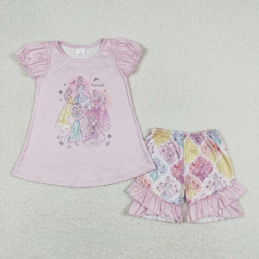 GSSO0821  Pink Cartoon Princess Print Girls Summer Clothes Set