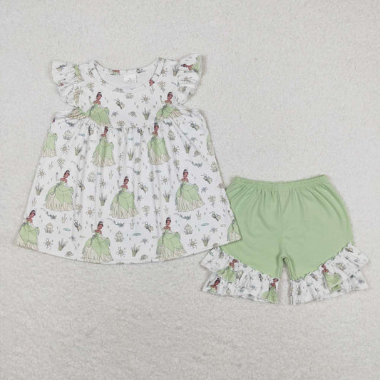 GSSO0911  Green Cartoon Princess Top Ruffles Shorts Girls Summer Clothes Set