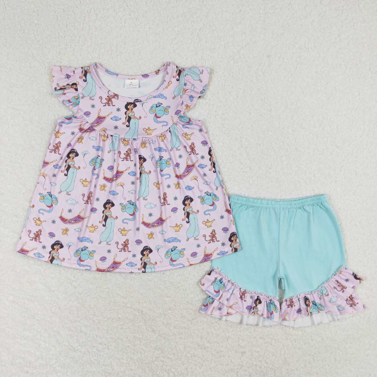 GSSO0912  Blue Cartoon Princess Top Ruffles Shorts Girls Summer Clothes Set