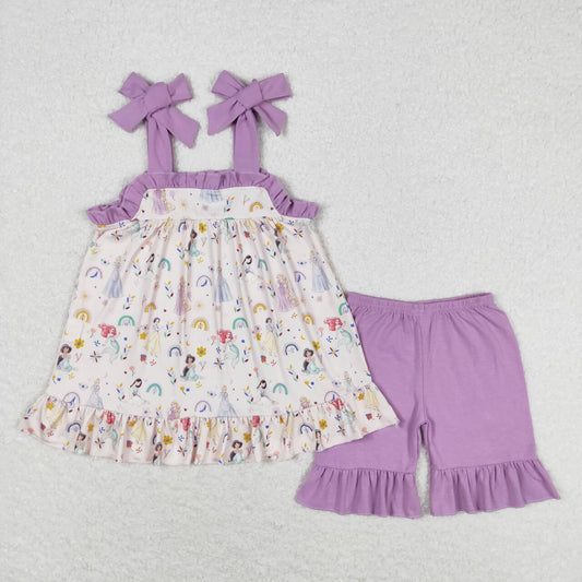 GSSO1044  Cartoon Princess Flowers Strap Top Purple Shorts Girls Summer Clothes Set