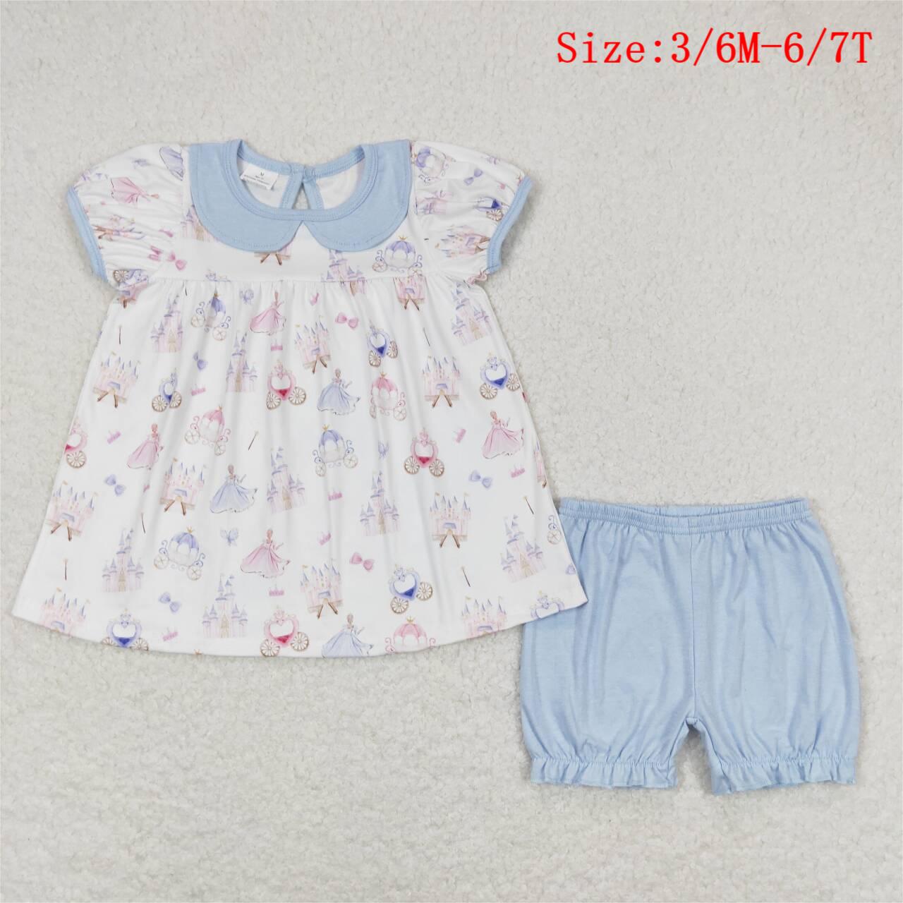 GSSO1046  Princess Castle Top Blue Shorts Girls Summer Clothes Set