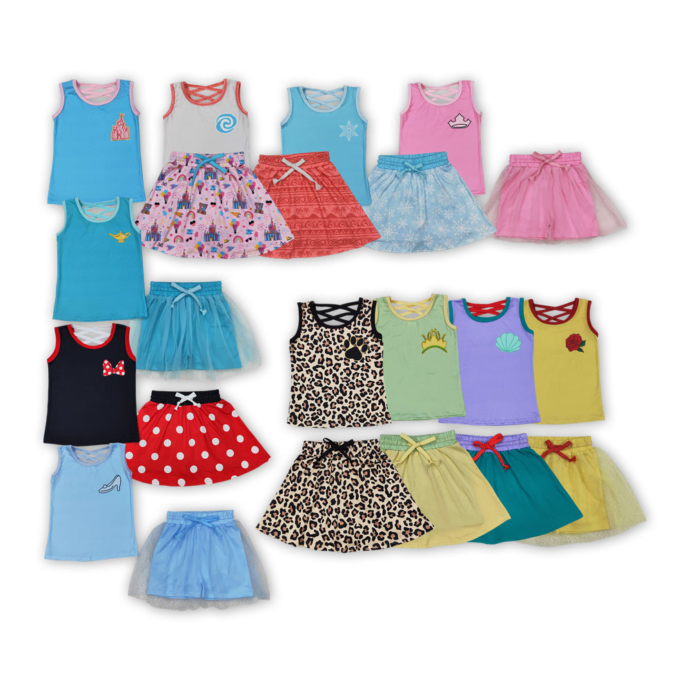 Cartoon Princess Tank Top Skirts Shotrs Girls Summer Clothes Set Sisters Wear