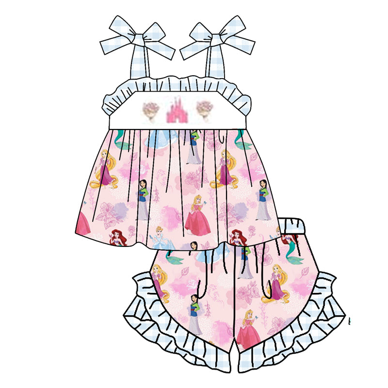 (Custom Design Preorder MOQ 5)  Cartoon Princess Print Girls Summer Clothes Set