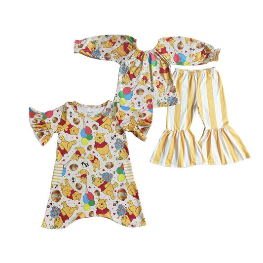 (Promotion) Cartoon Bear Winni* Print Girls Clothes Sisters Matching Wear