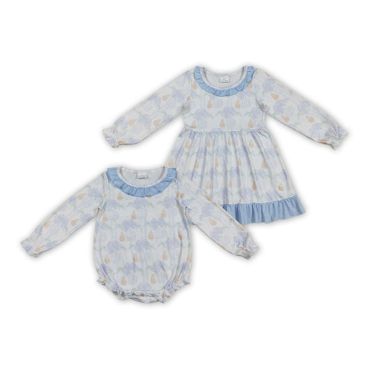 Pumpkin Blue Bows Print Girls Fall Clothes Sisters Matching Wear