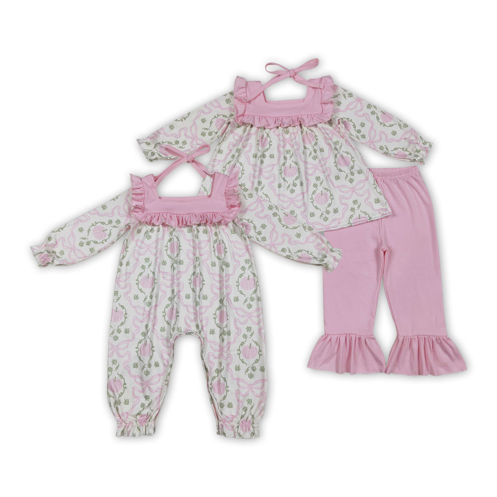 Pumpkin Bows Print Girls Fall Clothes Sisters Matching Wear