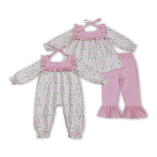 Pumpkin Bows Print Girls Fall Clothes Sisters Matching Wear