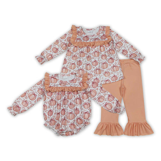 Pumpkin Bows Girls Fall Clothes Sisters Matching Wear