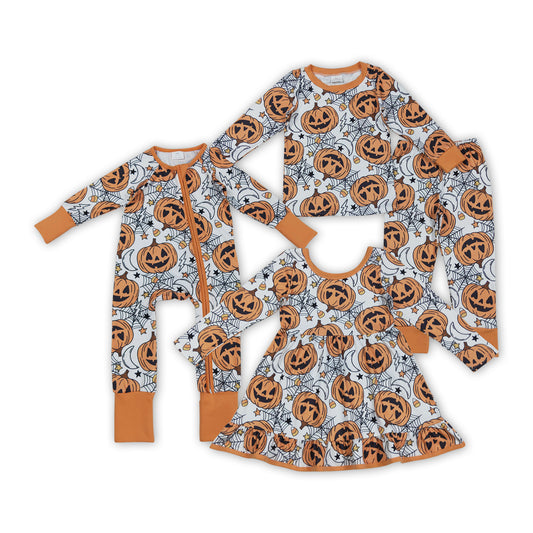 Pumpkin Candy Web Print Kids Halloween Clothes Sibling Matching Wear