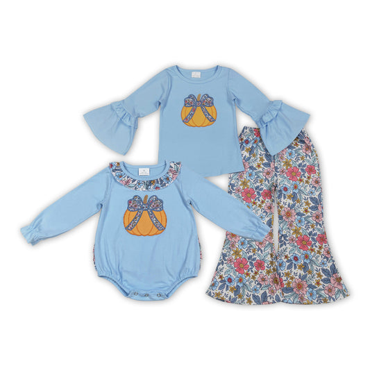 Pumpkin Embroidery Flowers Print Girls Fall Clothes Sisters Matching Wear