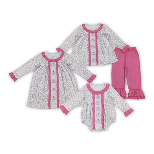 Pumpkin Embroidery Leopard Print Girls Fall Clothes Sisters Matching Wear