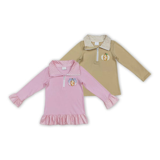 Pumpkin Embroidery Boys & Girls Fall Pullover Tee Shirts Top Sibling Wear