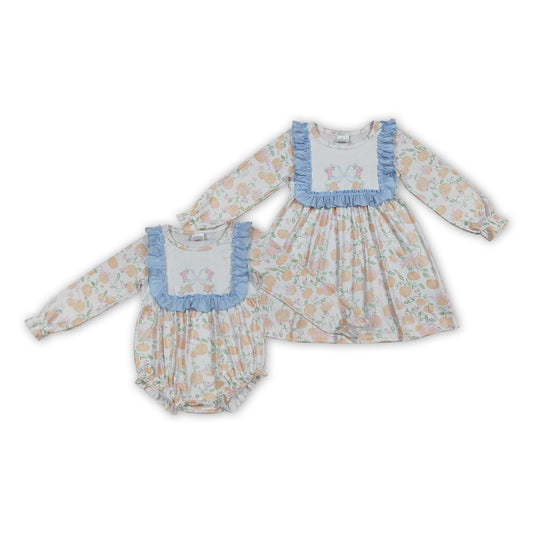 Pumpkin Flowers Print Girls Fall Clothes Sisters Matching Wear