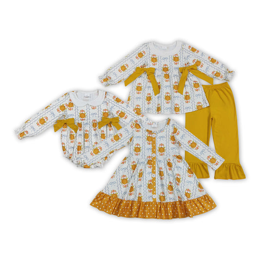 Pumpkin Flowers Bows Print Girls Fall Clothes Sisters Matching Wear