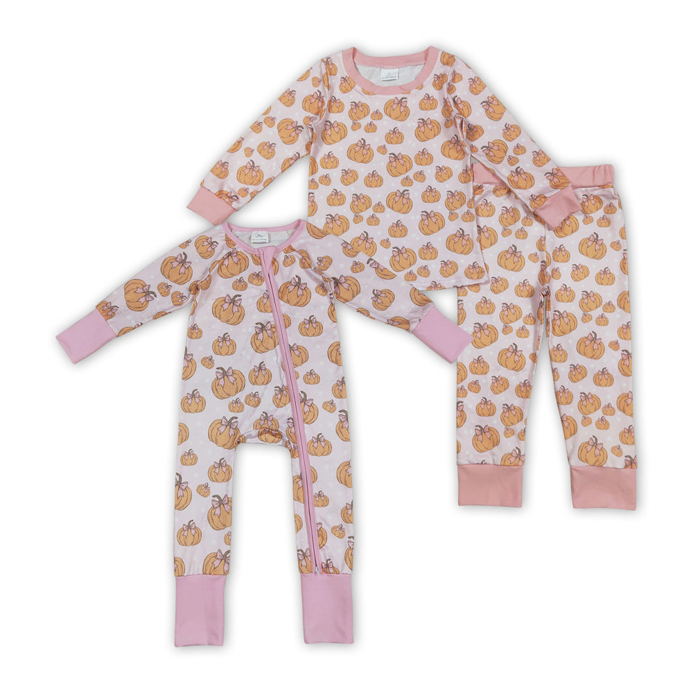 Pumpkin Pink Bows Print Girls Fall Pajamas Matching Clothes