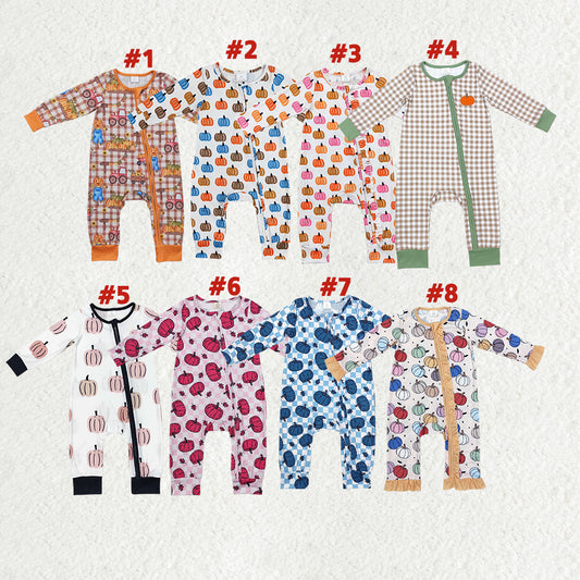 Pumpkin Print Baby Sleeper Zipper Romper Sibling Wear