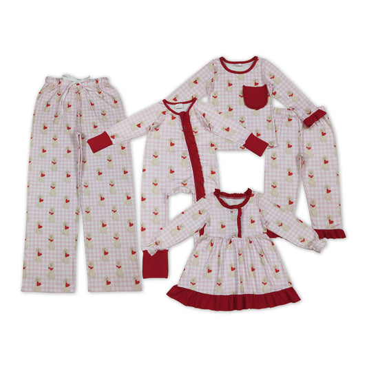 Puppy Heart Pink Plaid Print Family Valentine's Day Pajamas Matching Clothes