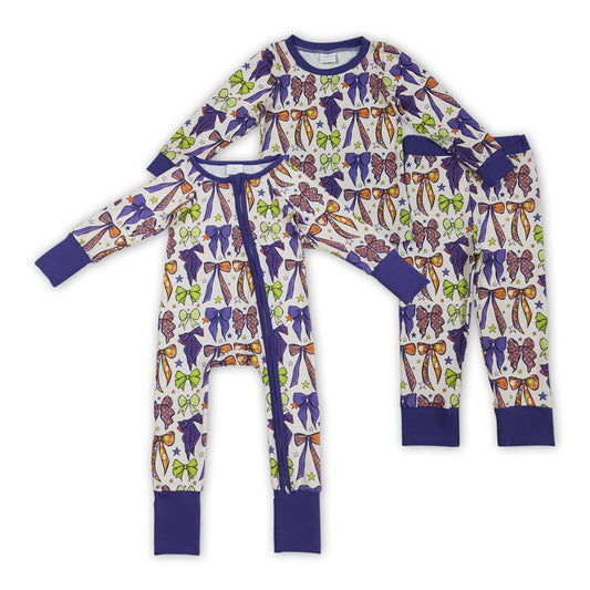 Purple Bows Print Girls Halloween Pajamas Matching Clothes