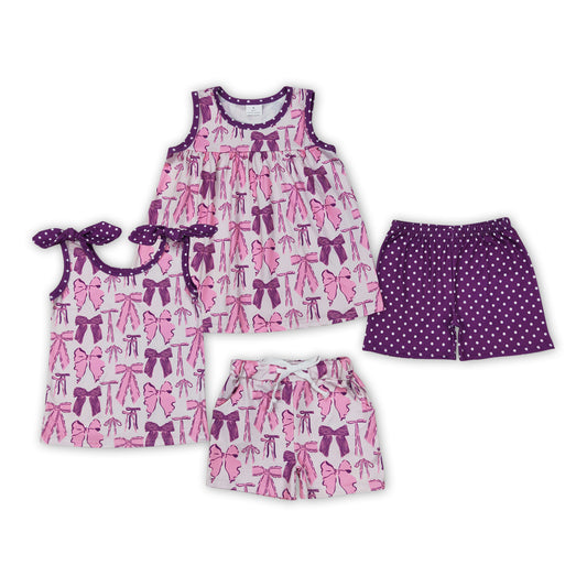 Purple Bows Print Shorts Girls Summer Clothes Sisters Wear