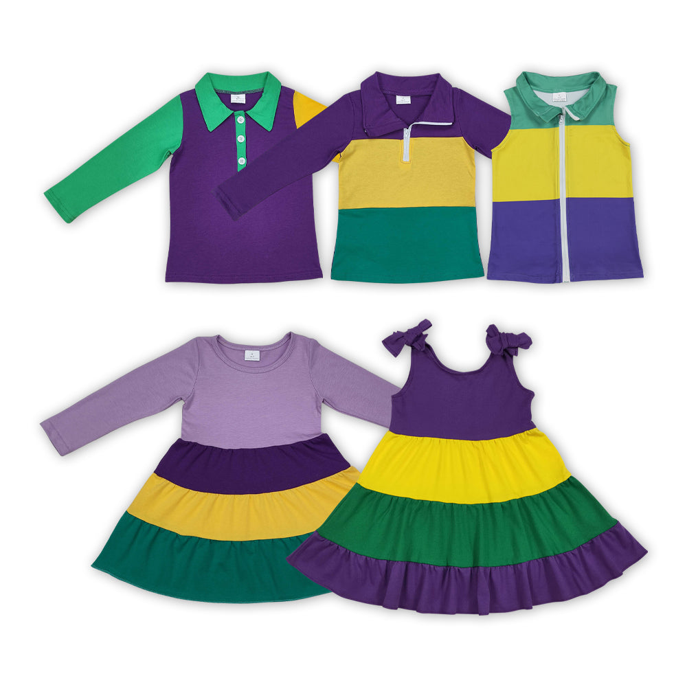 Purple Green Yellow Color Kids Mardi Gras Cotton Styles Sibling Matching Wear