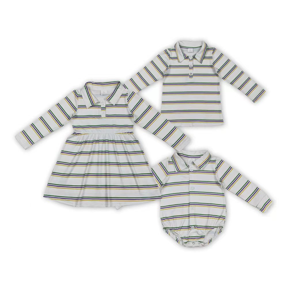 Purple Green Yellow Stripes Print Kids Mardi Gras Matching Clothes Sibling Wear
