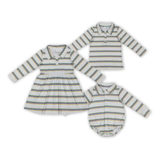 Purple Green Yellow Stripes Print Kids Mardi Gras Matching Clothes Sibling Wear