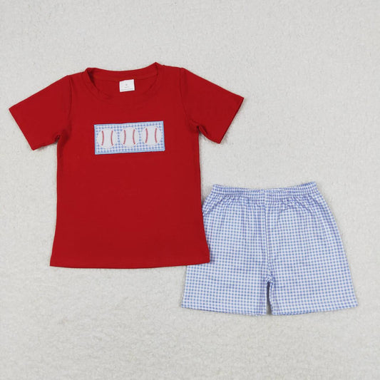 BSSO0405  Baseball Embroidery Red Top Blue Plaid Shorts Boys Summer Clothes Set