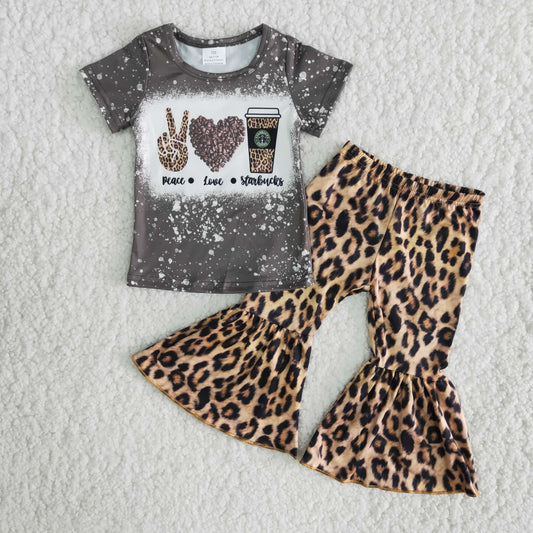 (Promotion) Peace love coffee leopard bell bottom pants outfits   Aa-9